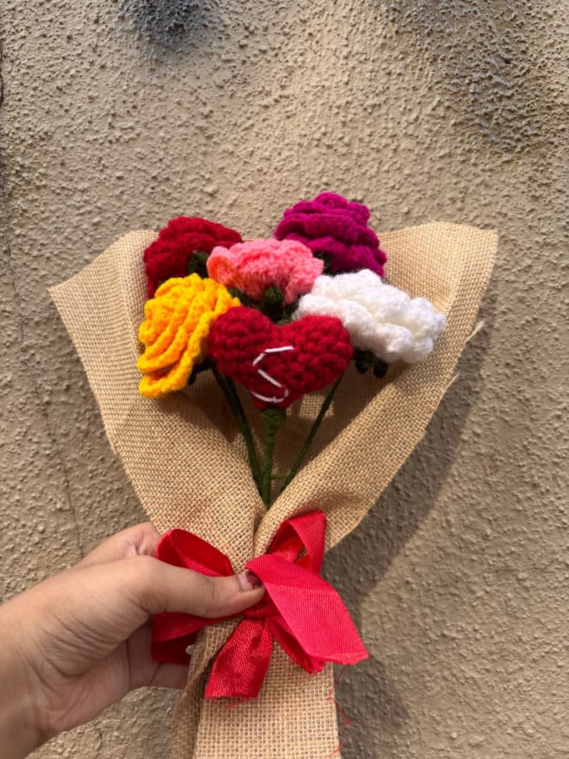 Handmade Crochet Rose Bouquet with Custom Initial Heart — handmade crochet bouquet by Nidsscrochet, Mumbai