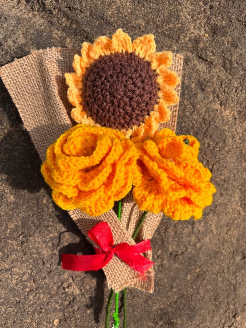 Handmade Crochet Yellow Rose &amp; Sunflower Bouquet — handmade crochet bouquet by Nidsscrochet, Mumbai