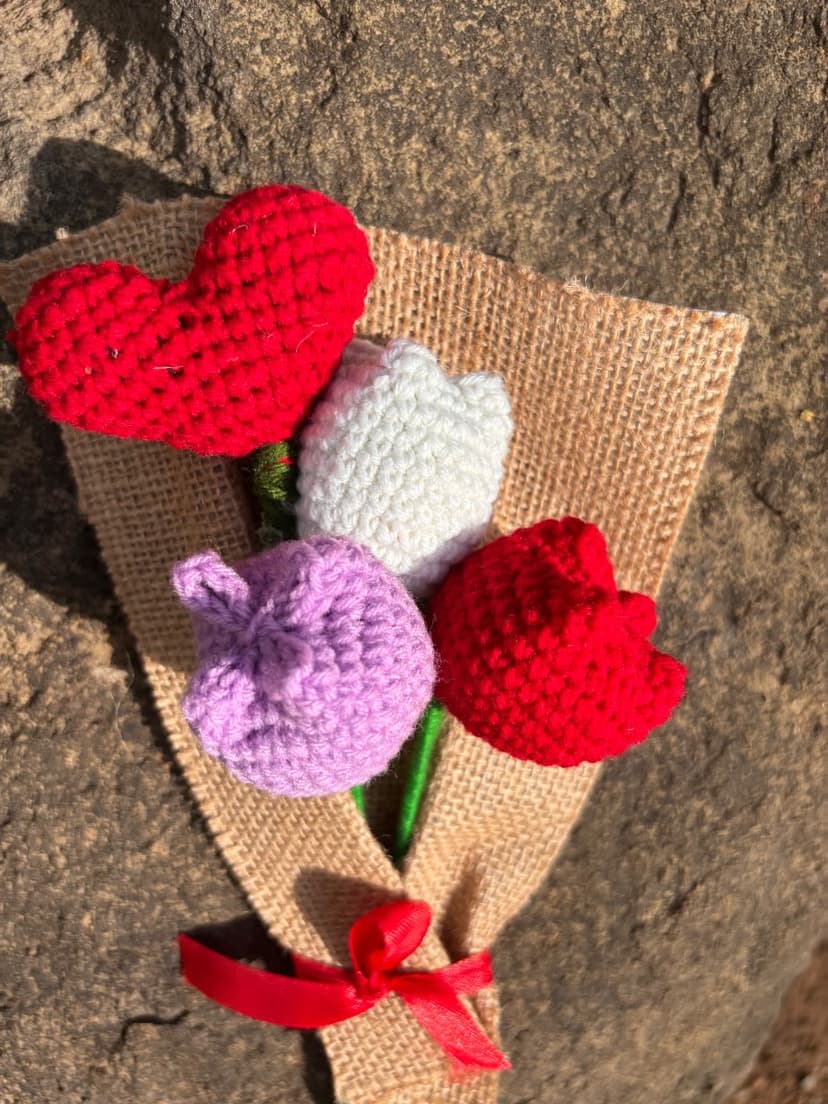 Handmade Crochet Tulip Bouquet with Heart – 3 Tulips Forever Flowers — handmade crochet bouquet, photo 3