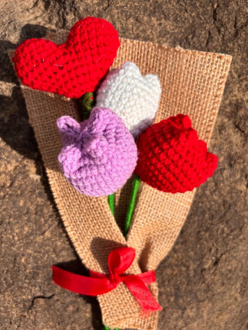Handmade Crochet Tulip Bouquet with Heart – 3 Tulips Forever Flowers — handmade crochet bouquet, photo 2