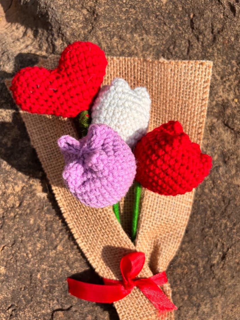 Handmade Crochet Tulip Bouquet with Heart – 3 Tulips Forever Flowers — handmade crochet bouquet, photo 4