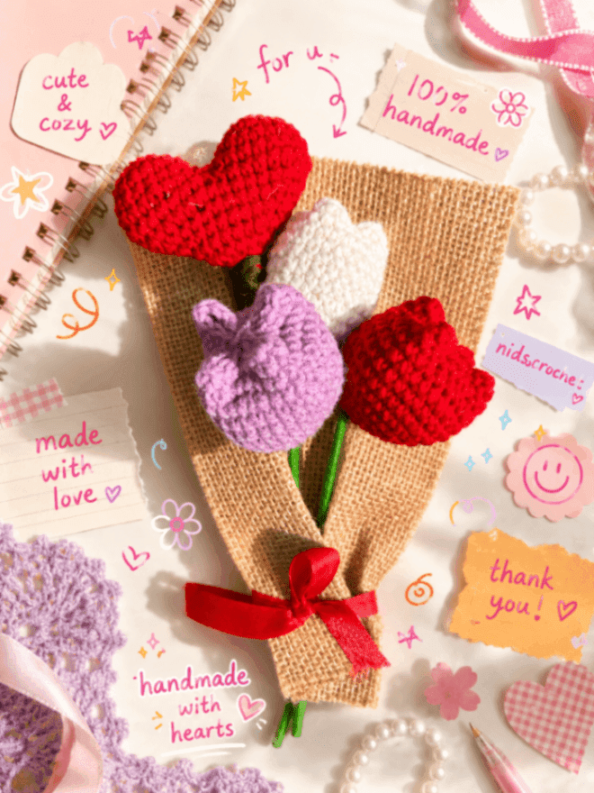 Handmade Crochet Tulip Bouquet with Heart – 3 Tulips Forever Flowers — handmade crochet bouquet by Nidsscrochet, Mumbai